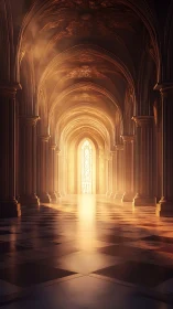 Golden cathedral hallway glowing with soft, welcoming light.