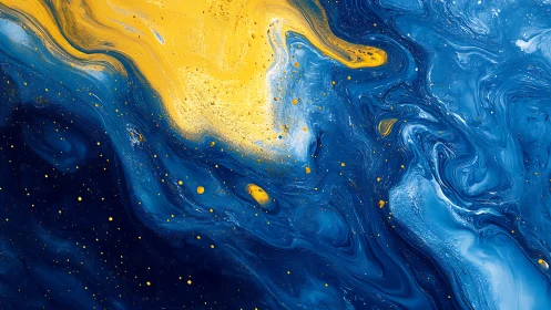 Blue and yellow fluid abstract paint swirl composition.