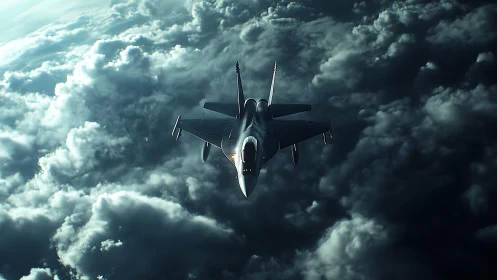 Stealth fighter jet cutting through storm cloud ceiling.