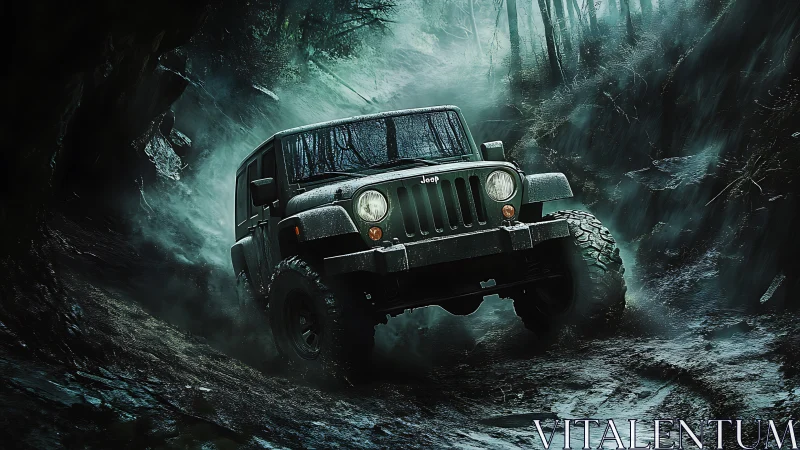 Mud storm trailblazer Jeep carving through haunted forest night.