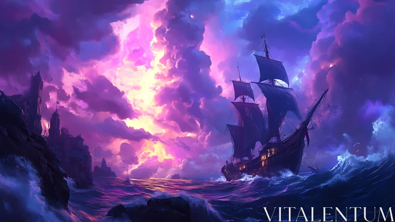 Tall ship on stormy sea under vivid purple sunset sky.