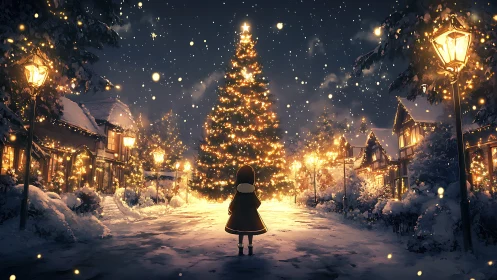 Child observes illuminated tree along snow-covered village street