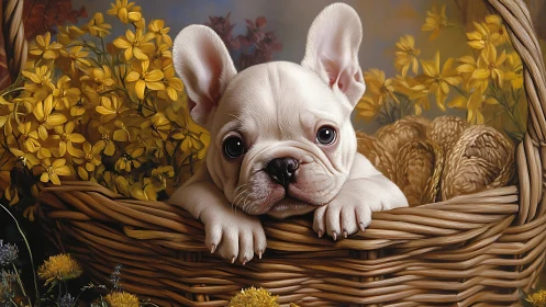 White French Bulldog puppy rests in wicker basket with flowers