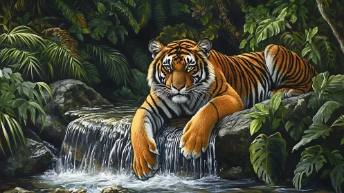 Tiger rests on rocks above jungle waterfall in dense foliage