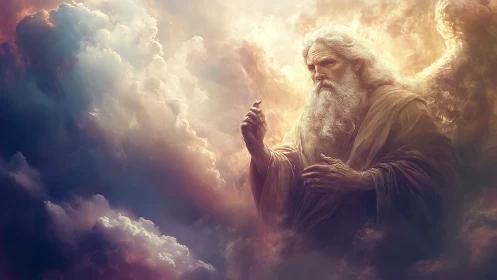 Radiant elder in swirling golden clouds gestures with calm grace