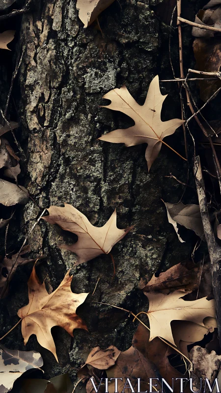 Dry oak leaves lie on textured tree bark in muted light