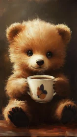 Soft-focus digital painting of teddy bear with teacup.