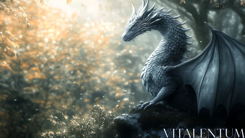 Silver dragon rendered in soft light within forest clearing