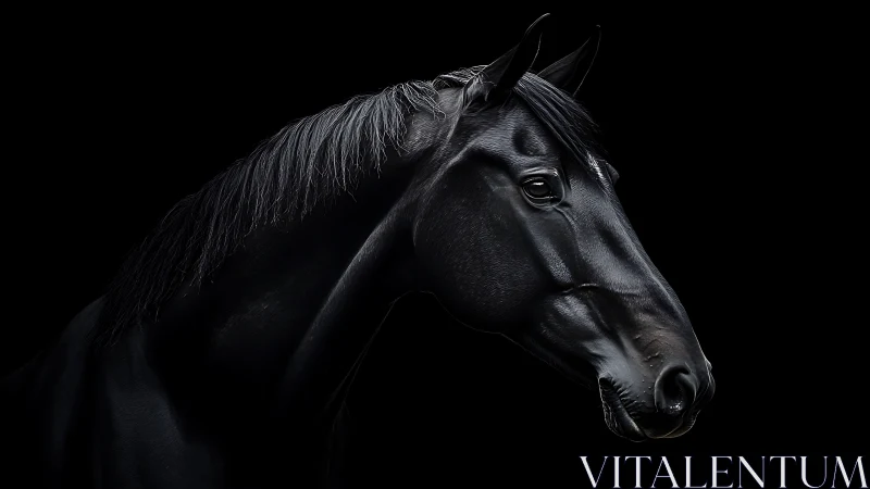 Black horse side profile on deep black background.