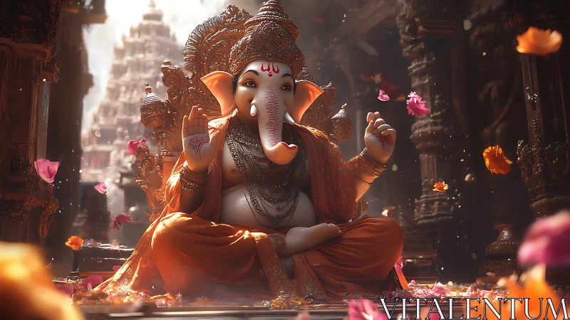 Ganesha idol in ornate temple hall with drifting flower petals.