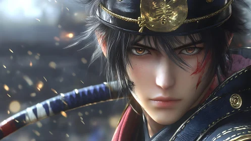 Hyperreal anime samurai portrait with embers and facial scars