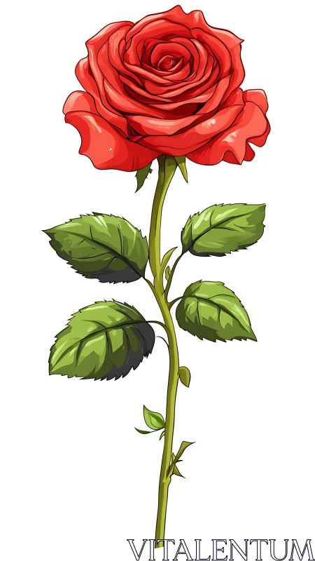 Red Rose with Green Stem and Leaves Vector Illustration