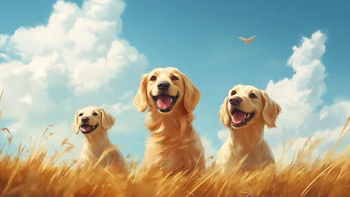 Golden retrievers bask in warm sunlight beneath blue skies.