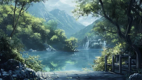 Lake of softened echoes cradles mountains and falling light