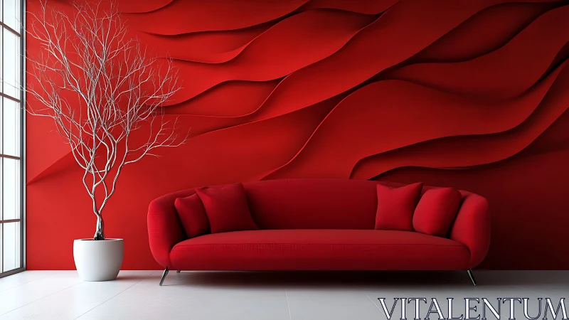 Modern red sofa anchors sculptural wave wall interior design.
