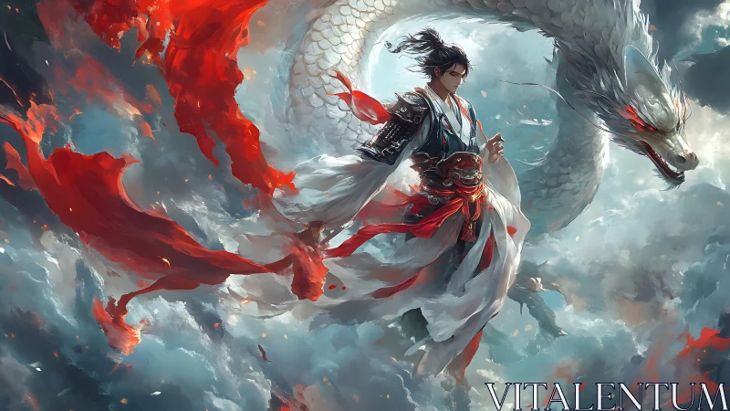 Warrior in flowing robes with white dragon in storm clouds.