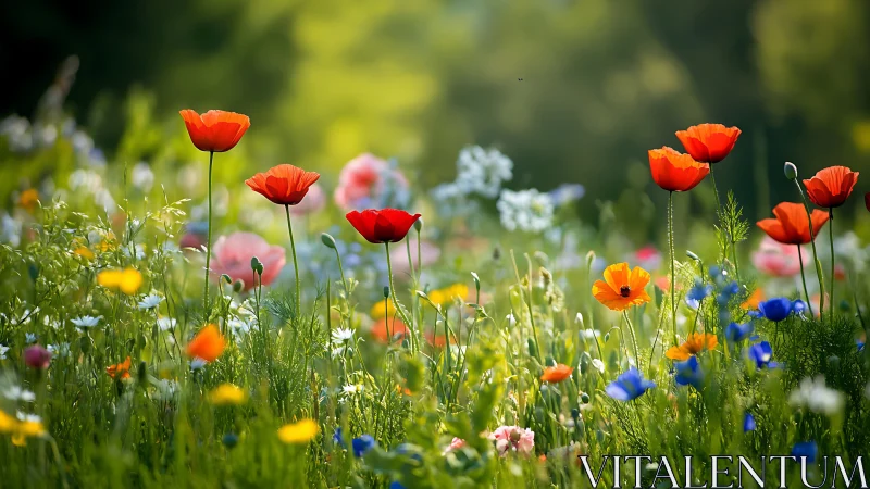 Vibrant Wildflower Meadow with Red Poppies and Mixed Blooms.