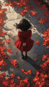 Overhead autumn portrait of girl in red dress on stone path