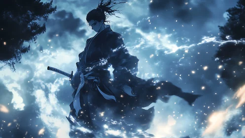 Anime samurai silhouette in dynamic ethereal storm composition.
