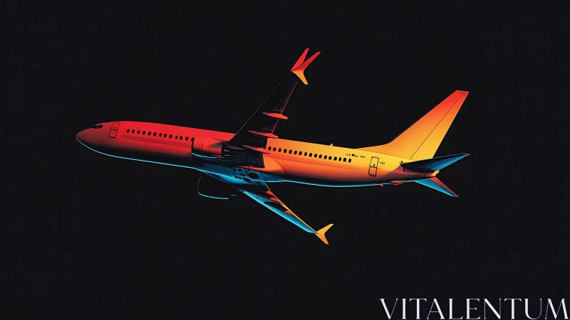 Glow-lit night flight airplane drifting through quiet skies.