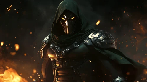 Hooded armored wraith emerging from molten embers at night.