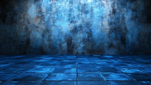 Blue tiled floor against textured wall in empty space.