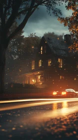 Moody cottage street at dusk with glowing sports car lights.