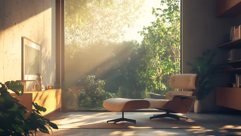 Sunlit lounge chair drifts between forest edge and living room