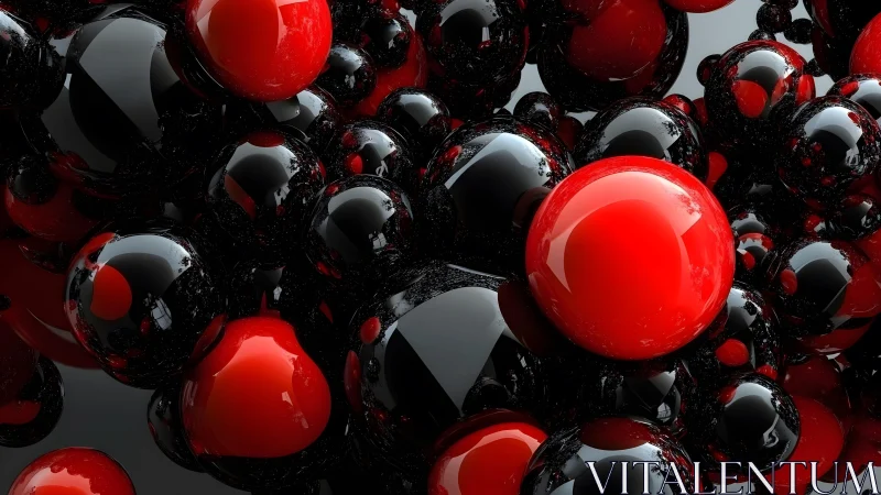 Bold red and black spheres create a playful glossy cluster
