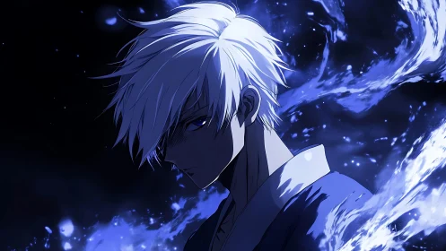 Moonlit frost mage brooding amid swirling sapphire flames.