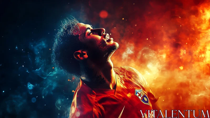 Fiery football portrait contrasts cool blue and blazing flame
