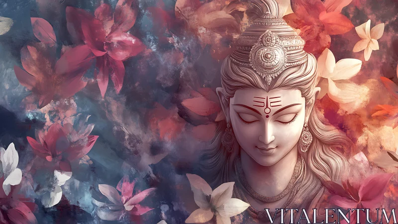 Serene divine figure portrait amid soft floral clouds.