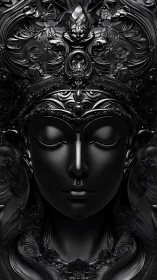 Ornate obsidian goddess portrait radiates silent, regal power