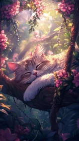 Sleeping feline figure rests among flowering branches with luminous atmospheric setting.