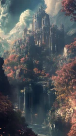 Vertical matte painting of citadel above misted canyon gorge