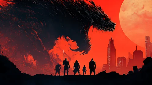 Warriors confront colossal dragon above a burning cityscape