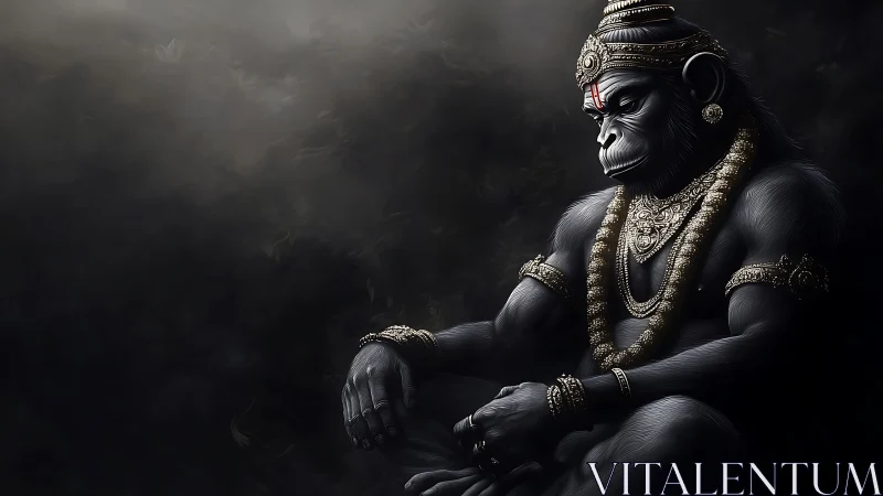 Serene warrior monkey deity in dark atmospheric space.