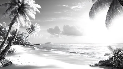 Tropical Beach Paradise. Black and White Coastal Escape.