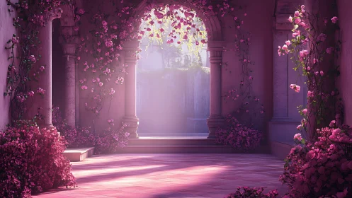 Sunlit stone archway framed by dense pink climbing roses