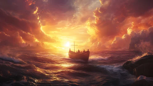 Sunlit boat cuts through stormlit crimson ocean waves.