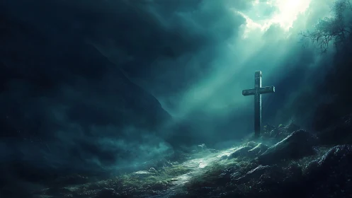 Volumetric moonlit cross in storm-sculpted mountain pass.