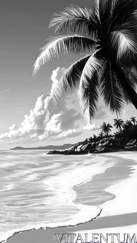 Monochromatic Tropical Shoreline: Graphite Rendering of Palm Fronds.