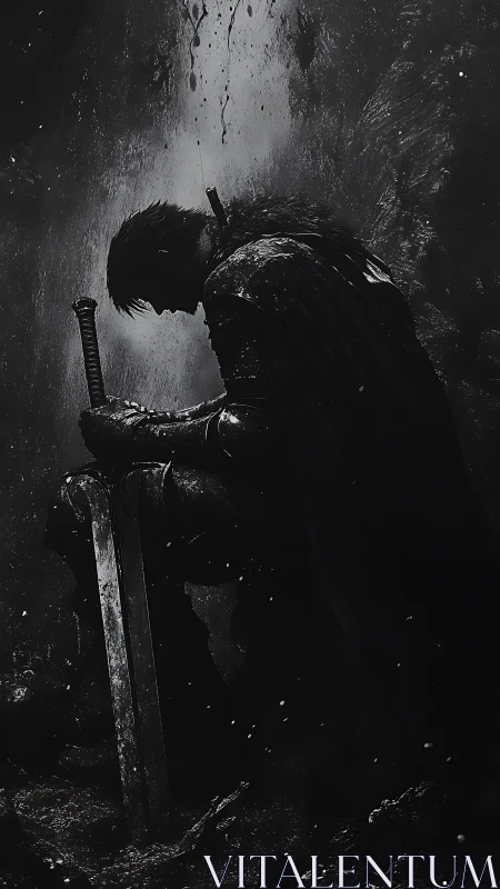 Solitary armored warrior kneeling with sword in darkness.