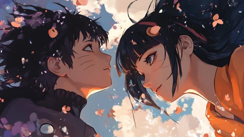 Skybound gaze between two anime souls in drifting petals.