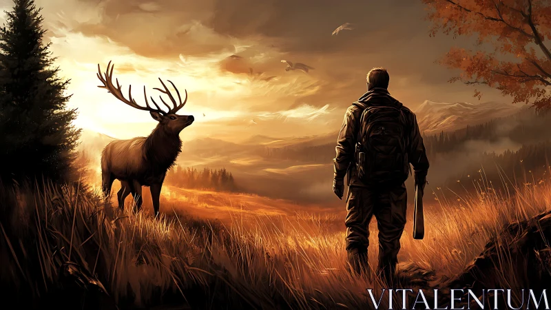 Backlit stag and hiker in atmospheric autumn valley encounter.