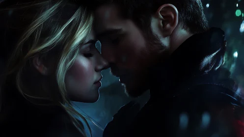 Cinematic close profile of two figures with dynamic rim lighting and volumetric atmospheric effects