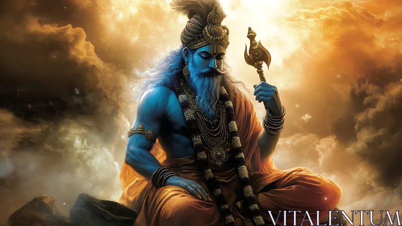 Blue-skinned seated deity holding trident amid glowing clouds