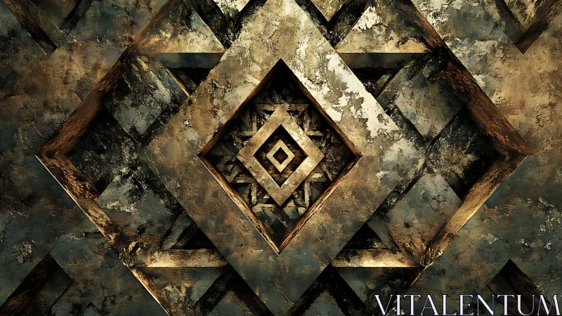 Rust-scarred golden rhombuses echo into a metallic labyrinth