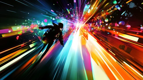 Silhouetted figure within multicolored radial motion field.