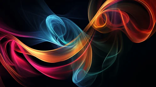 Vivid light ribbons swirl across a dark, atmospheric void